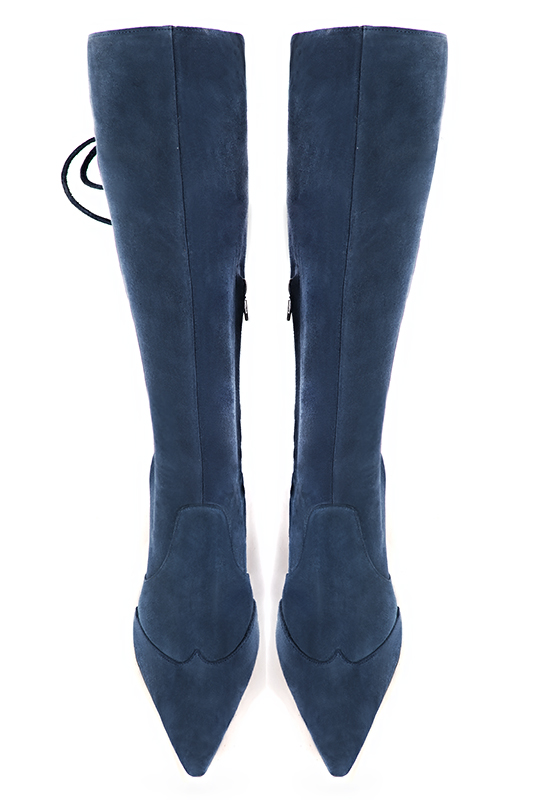 Denim blue women's knee-high boots, with laces at the back. Tapered toe. Very high block heels. Made to measure. Top view - Florence KOOIJMAN